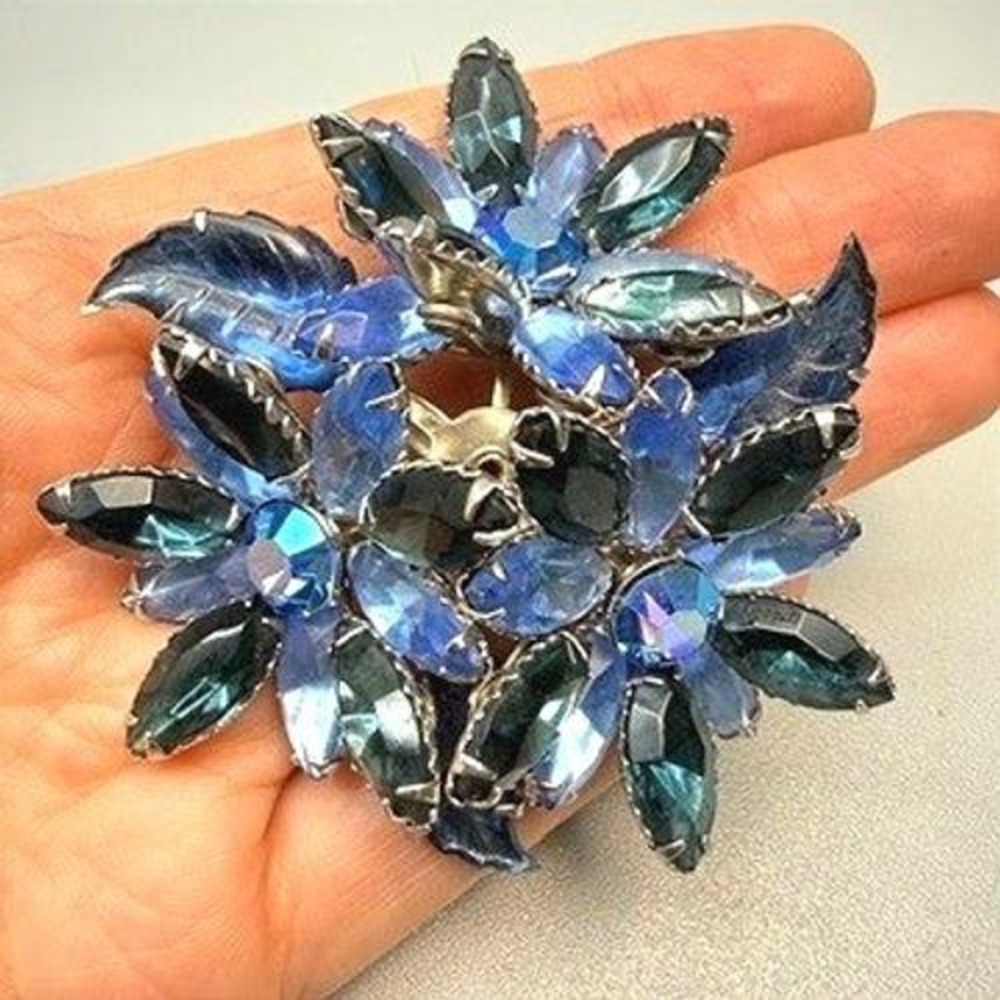 Vintage 3D Blue Rhinestone Floral Cluster Brooch Large